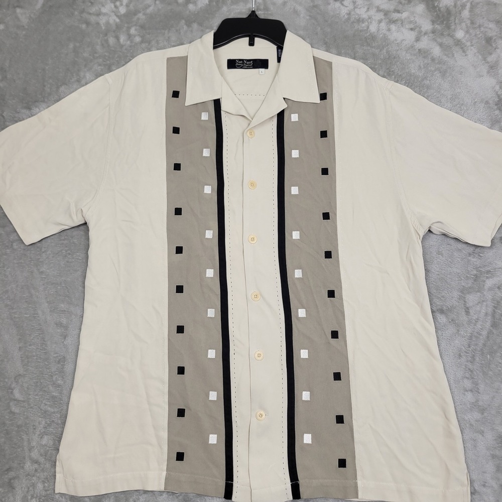 Nat Nast Luxury Originals Mens Large Beige 100% Silk Short Sleeve Bowling Shirt
